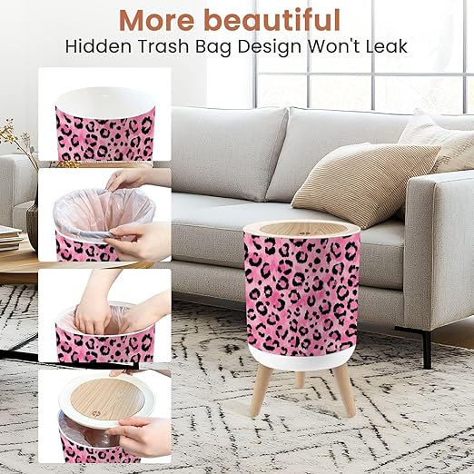 Bathroom Trash Can with Lid Pink Leopard Print Black Spots Watercolor Garbage Bin Waste Basket for Kitchen Office Bedroom Decoration Diaper Pail 1.8 Gallon