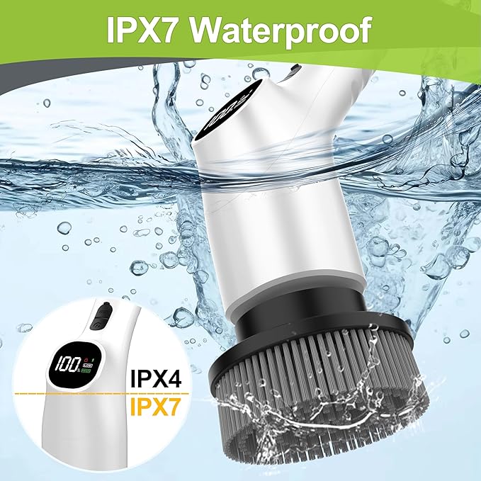 WKY-Electric Spin Scrubber - 10-in-1 Cordless Shower Scrubber &amp Cleaning Brush with Extendable Handle 2 Speeds IPX7 Waterproof Brush Heads LED Display Smart AI Chipfor Bathroom Kitchen White