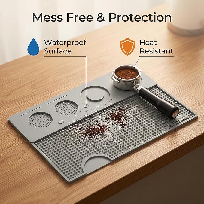 Espresso Tamping Mat Silicone Coffee Bar Mats for CountertopEspresso Tamping Station Non-slip Dish Drying MatEspresso Machine AccessoriesEspresso Organizer (Grey15.7x9.8x0.4)