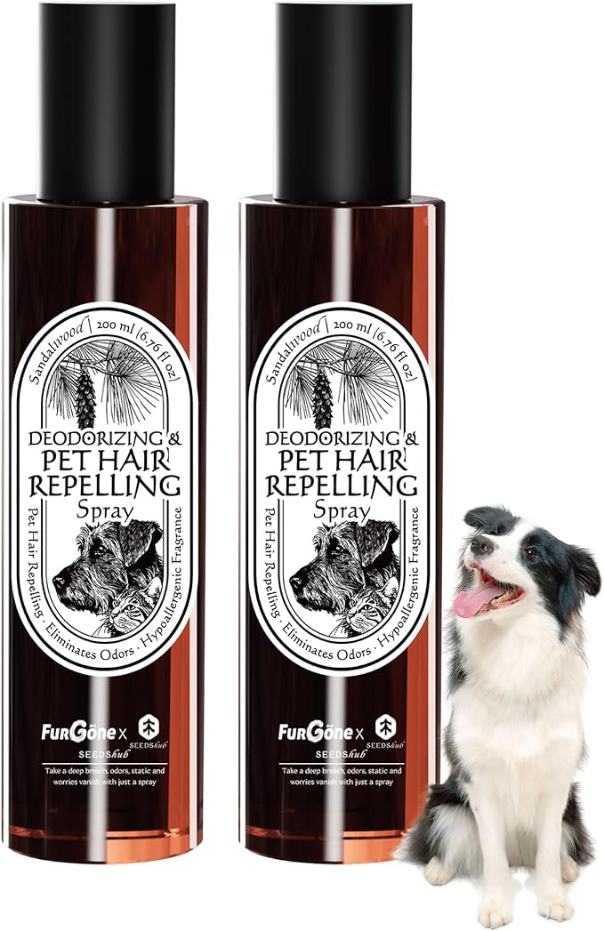 FurGone by Seedshub Pet Hair Repelling Spray Odor Neutralizer | Anti-Static Wrinkle Release Pet-Friendly Botanical Sprays for Clothing and More Pine Nut Scent Up to 2800 Sprays 6.76oz (2 Pack)