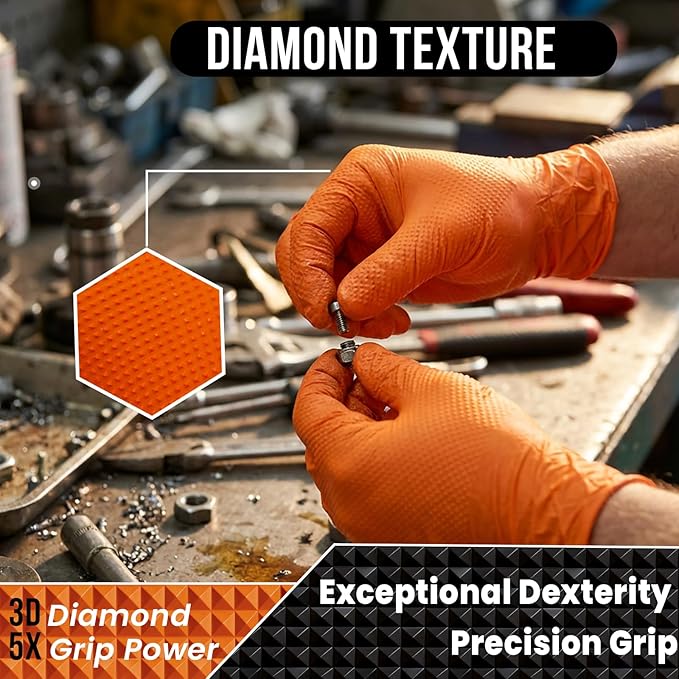 10 Mil Nitrile Disposable Gloves Heavy Duty Mechanic Gloves Raised Diamond Texture Thick (Orange of 1000X-Large)