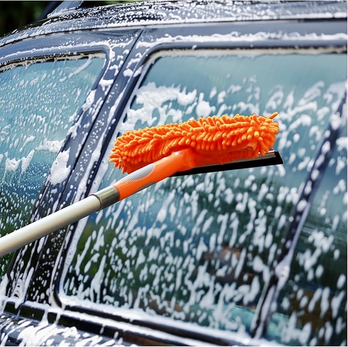23 ft High Reach Window Squeegee &amp Cobweb Duster with Extension Pole 2 in 1 Squeegee for Window Cleaning Spider Web Brush with Lightweight 4-16.5 ft Telescoping Pole for Outdoor Indoor Car Clean