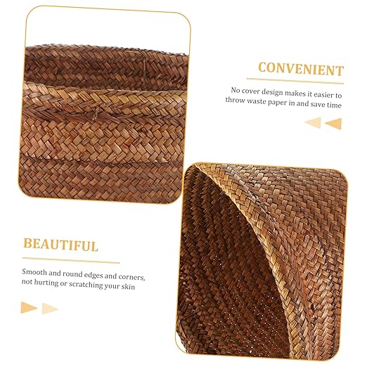 Happyyami Waste Holder Straw Woven Waste Paper Basket Decorative Small Wastebasket for Home