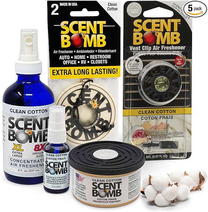Scent Bomb Air Freshener Bundle - 1 oz &amp 8 oz Bottle Sprays Vent Clip Organic Cans Hanging Circle - Continuous Freshness &amp Long-Lasting Odor Eliminator for Car Home Bathroom - Clean Cotto