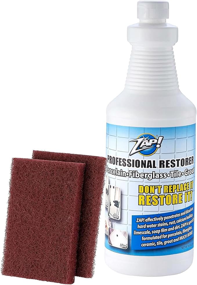 ZAP! Professional Tile &amp Grout Restorer | Cleans &amp Restores Porcelain Fiberglass Tile &amp Grout Surfaces | Rust &amp Hard Water Remover | Kitchens &amp Bathroom Porcelain Sinks Toilets