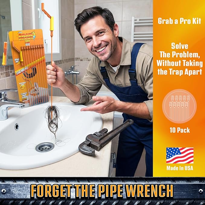 FlexiSnake Pro Drain Weasel Sink Snake Hair Clog Remover Tool Sink Pipe Bathroom Bathtub Drain Cleaner 18-inch Long Flexible Made in The USA 10 Pack Reusable Wands and Removable Handle