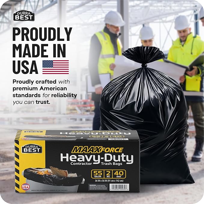 MAAXForce 55 Gallon Contractor Trash Bags | 2 Mil Heavy-Duty Black Garbage Bags | Leak-Proof Puncture-Resistant | Made in USA | 36 x 56 Large Construction &amp Yard Cleanup Bags (40-Count)
