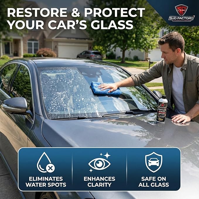 Sud Factory Hard Water Spot Remover for Glass Spotless X2 - Removes Water Stains from Shower Doors Car Windows Windshields - Professional Strength 16oz