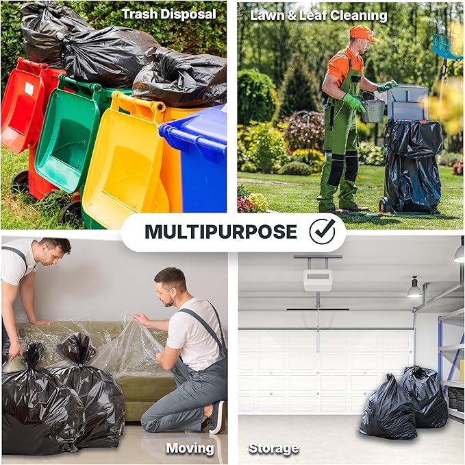 33 Gallon Trash Bags 30 Micron Heavy Duty Pure LDPE Garbage Can Liners 33 x 39 Large Black 100 Count