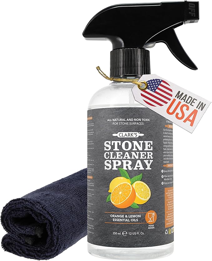 CLARK'S Natural Stone Spray Cleaner with Microfiber Cloth for Soapstone Granite Quartz Marble &amp other Countertop Surfaces – Pure Ingredients to Keep Stone Protected Citrus Oil Extracts 12oz