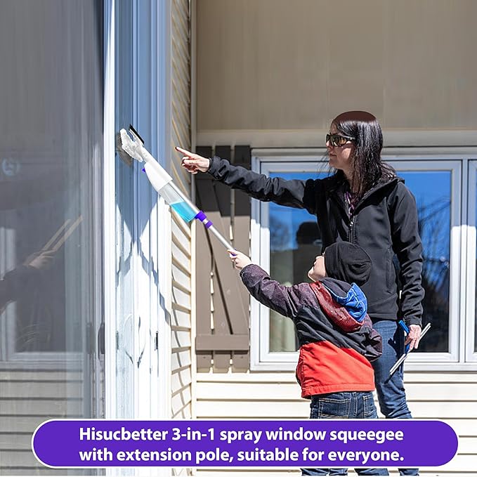 Spray Window Squeegee with 60 Extension Pole Window Cleaning Squeegee Kit- 2-In-1 Squeegee Scrubber 3 Microfiber Cleaning Pad&amp400ML Refill Bottle Multi-Use Squeegee for Home Shower Car Windshi