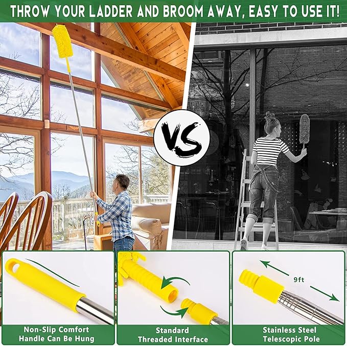 17FT Extendable Duster with 2-9 ft Extension Pole for High Ceilings Newliton Cobweb Duster for Ceiling Fans Hard-to-Reach Areas Long Handle Microfiber Dusting Tool for Home Cleaning