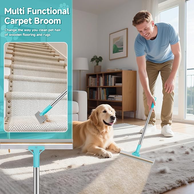 Carpet Rake for Pet Hair Removal Tool Reusable Pet Hair Remover Broom Dog&ampCat Hair Remover Scraper Rake with 54” Adjustable Long Handle 3 Pcs Carpet Brush Rake for Rugs Mats Couch Furniture