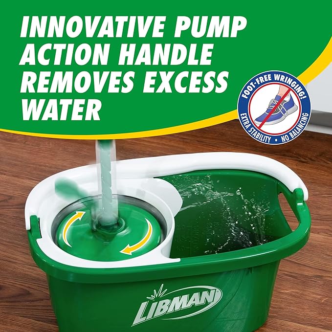 Libman Tornado Spin Mop System and 1 Refill Mop and Bucket with Wringer Set for Hardwood Floor Cleaning 2 Total Heads Included