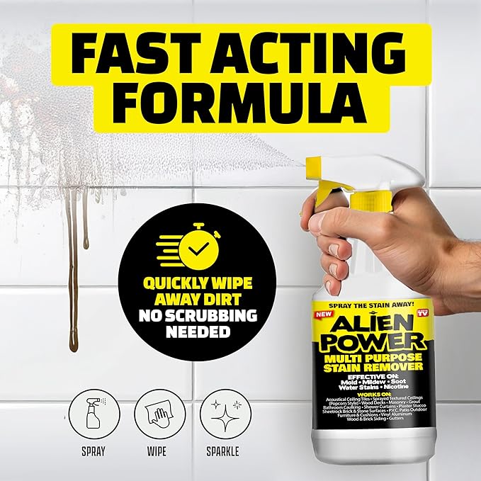 Alien Power Instant Stain Remover Spray for Mold and Mildew and Grout All Purpose No-Scrub Cleaner for Bathroom &amp Household Surfaces Tiles Wall &amp Washing Machines - 3 Packets (Makes 72 Fl O