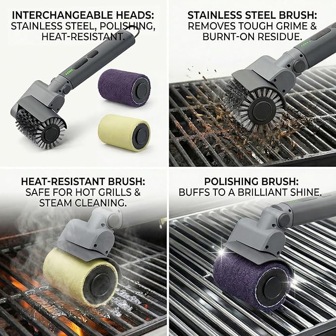 Electric Grill Brush 3-in-1 Kit – Cordless BBQ Cleaner with Reinforced Safe Metal Bristles – 2 Hours Runtime Waterproof &amp Dishwasher Safe Removable Brushes for Deep Cleaning (Light Gray)