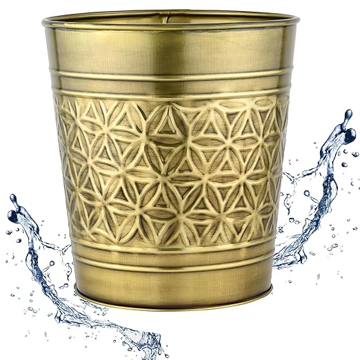 Autumn Alley Handcrafted Brass Bathroom Trash Can Round Open-Top Bathroom Wastebasket Stylish Metal Waste Bin for Home Office Bedroom Decorative Waste Basket Decor Coastal Trash Can Brass 2 Gal.