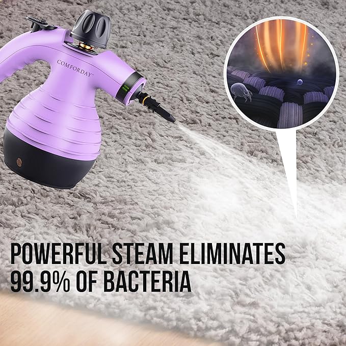 Comforday Multi-Purpose Handheld Pressurized Steam Cleaner with 9-Piece Accessories Handheld Steamer Perfect for Stain Removal Curtains Car Seats Floor Bathroom Window Cleaning (Purple)