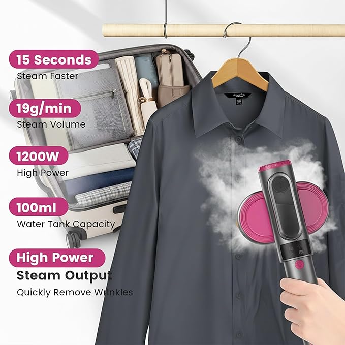 Powerful Handheld Clothes Steamer with LCD Display 15s Fast Heat-Up Includes Measuring Cup Heat-Resistant Board Storage Bag &amp Anti-Scald Glove Lightweight 0.8lbs for Home &amp Travel