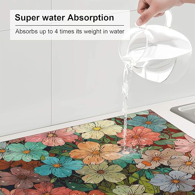 Colorful Wildflowers Dish Drying Mat for Kitchen Counter 16x18 Microfiber Absorbent Fast Dry Mat 2Pcs Dish Mat Faucet Mats Sets Large Drying Kitchen Mat Kitchen Drying Pad Coffee Bar Decor Gifts