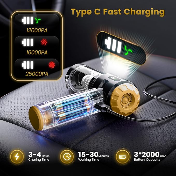 Wansimoo Handheld Car Vacuum Cleaner25000PA Strong Cyclonic Suction Foldable Mini Vacuum Portable Cordless with Digital Display and One Touch Dust Removal for Car Home Office Kitchen (Gold)