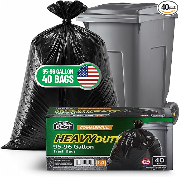 95-96 Gallon Heavy Duty Trash Bags – 1.4 Mil Extra Large 61 x 68 Garbage Bags for Rollaway Cans &amp Large Outdoor Trash Bins – Tear &amp Leak Resistant Commercial Liners – 40 Count Black Made in