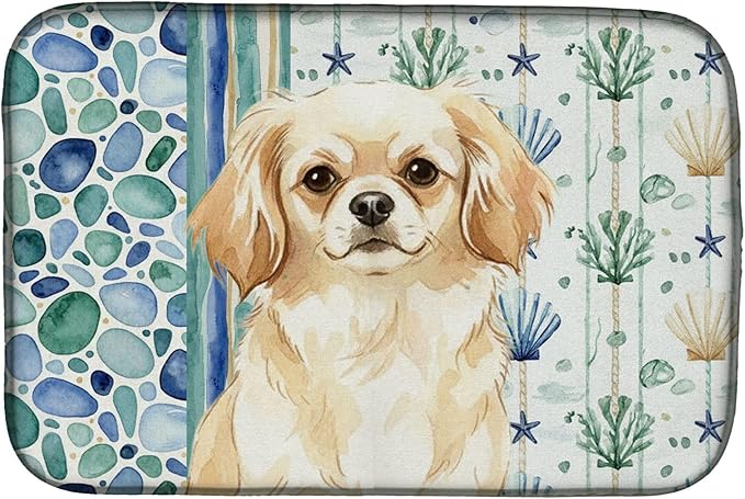 Caroline's Treasures Cream Tibetan Spaniel Coastal Sea Glass Dish Drying Mat Absorbent Dish Drying Mat Pad for Kitchen Counter Dish Drainer Mat for Countertop 14 x 21 Multicolor