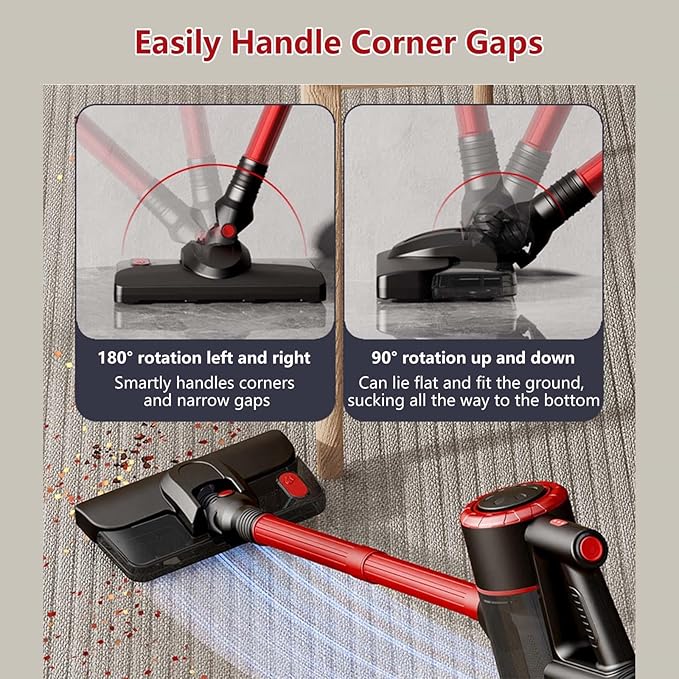 Lightweight Cordless Vacuum and Mop Combo 5 in 1 18Kpa 8000mah Battery Vacuum Cleaner Self-Standing Hardwood Floor Vacuum for Home/Pet Hair/Carpets/FloorsRed
