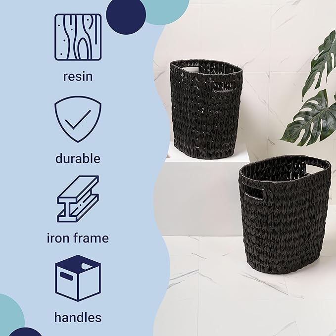 happimess HPM1407C-SET2 Maple Contemporary Farmhouse Resin 4.5-Gallon Tapered Oval Wicker Watebasket with Handles Black (Set of 2)