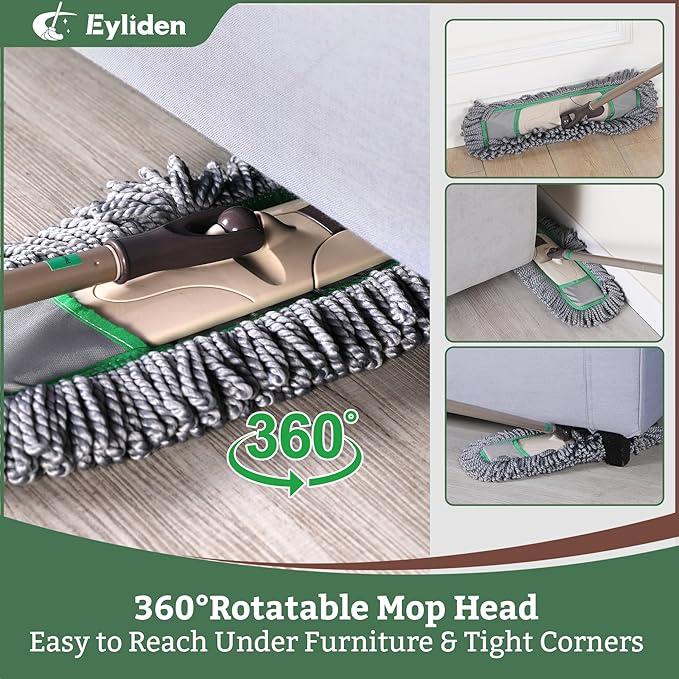 Eyliden Pro Dust Mops for Floor Cleaning - Total 3 Washable Microfiber Pads One-Click Replacement Telescopic Handle Professional Design for Floors &amp Pet Hair (Grey+Green)