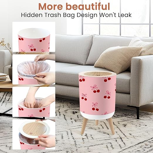 Bathroom Trash Can with Lid Seamless Abstract Cherries Coquette Bows for Packaging Fabric Room Garbage Bin Waste Basket for Kitchen Office Bedroom Decoration Diaper Pail 1.8 Gallon