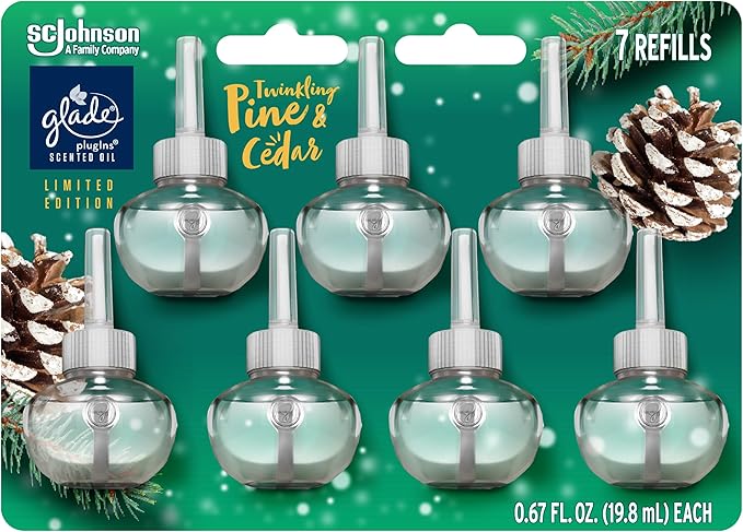 Glade PlugIns Refills Air Freshener Scented and Essential Oils for Home and Bathroom Twinkling Pine &amp Cedar 4.69 Fl Oz 7 Count