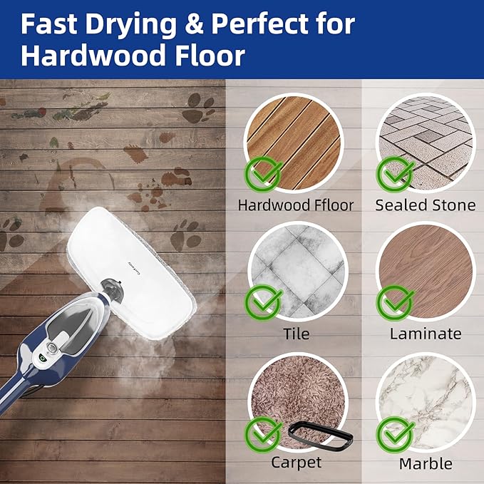 Steam Mop with Detachable Handheld Steamer All-in-one 11 Accessories 23Ft Power Cord3-Level SteamFast Heating MultiPurpose Steam Cleaner for Hard Floor Carpets Furniture Windows Clothes etc.