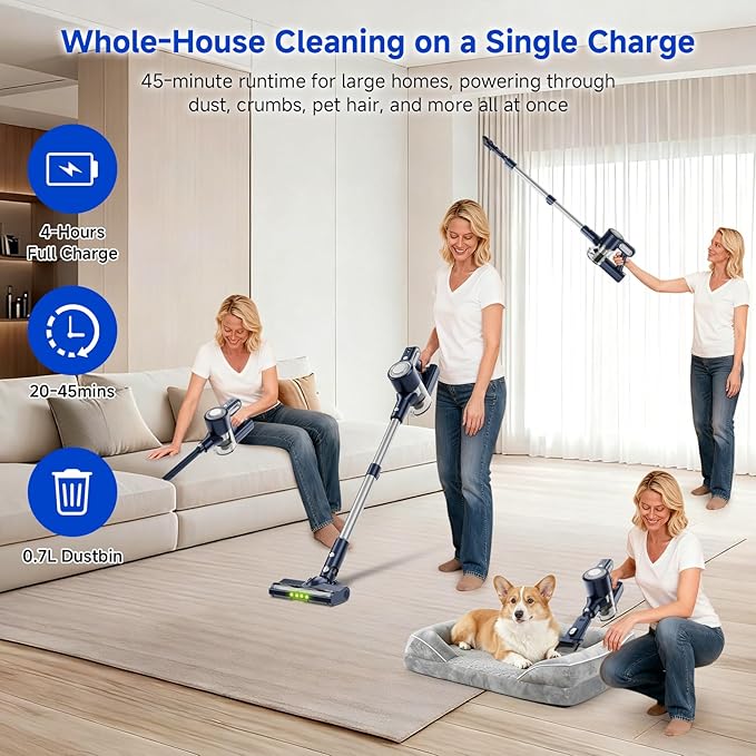 Cordless Vacuum Cleaner for Home: 6-in-1 Stick Vacuum with Powerful Suction Rechargeable Anti-Tangle Pet Hair Brush Self-Standing Green LED Headlight Vacuum for Carpet &amp Hardwood Floors-Dark B