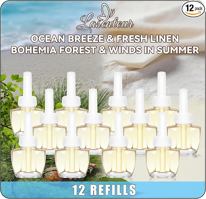 Plug In Air Freshener Refills Ocean Breeze Fresh Linen Bohemia Forest &amp Winds In Summer Scent For Home 12 Count Plug-In Fragrance Refill Compatible with Air Wick &amp Glade Not Include Glad