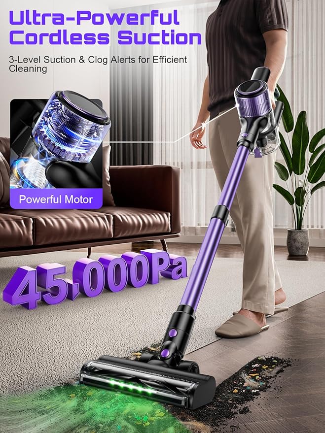 Cordless Vacuum Cleaner 45KPA /10-in-1 Stick Vacuum with 29-inch Hose 45Mins Runtime Vacuum Cleaners for Home Anti-Tangle Brush Lightweight Rechargeable Vacuum for Hardwood Floor (Purple)