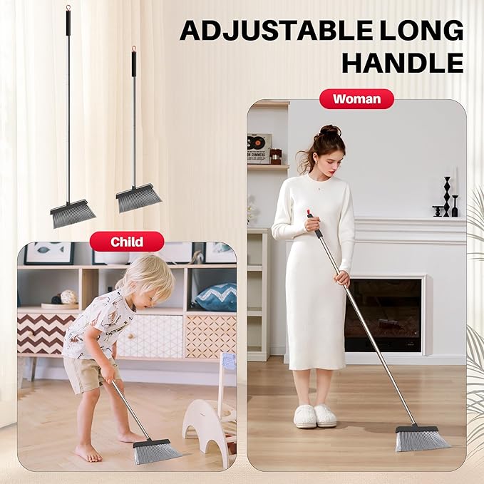 JOYMOOP Black and Red Broom and Dustpan Set Upright Angle Design with Built-in Comb Teeth for Home Office Hard Floors