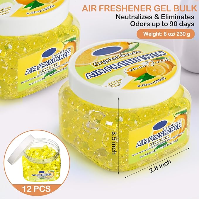 12 Pcs Gel Air Freshener Bulk Odor Gel Eliminator Beads 8 oz Long Lasting Air Freshener Beads Eliminates Odors in Home Bathrooms Cars Boats Rvs and Pet Areas(Lemon)