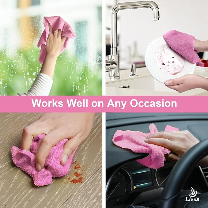 LIVOS Microfiber Cleaning Cloth Roll - 80 Pack Reusable Paper Towels Pink Tear Away Microfiber Towels for Cars Super Absorbent Lint Free Cleaning Rags for House Kitchen Window-11.5x11.5