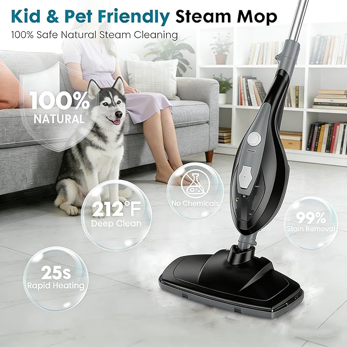 Simple Deluxe 10-in-1 Steam Mop 1550W Detachable Handheld Steam Cleaner with 16FT Cord &amp 2 Pads Multi-Surface Floor Steamer for Hardwood Tile Carpet Windows Grey