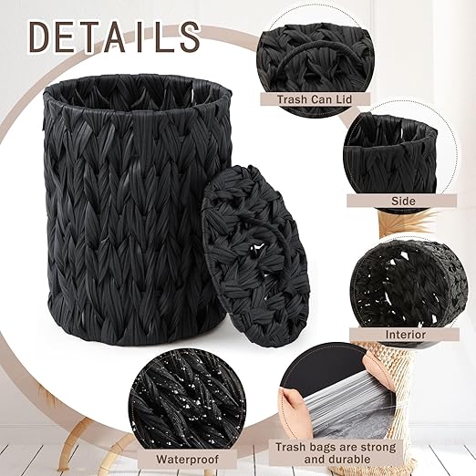Ctosree 1.3 Gallons Small Trash Can with Lid Handle Boho Woven Braided Bathroom Waste Basket Trash Can with 100 Garbage Bags for Bedroom Office Laundry(BlackBraided PolypropyleneRound)