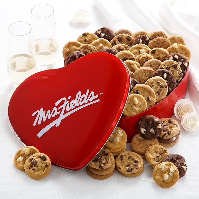 Mrs. Fields 48 Nibblers Bite-Sized Cookies Signature Heart Tin - Assorted with 5 Classic Cookie Flavors
