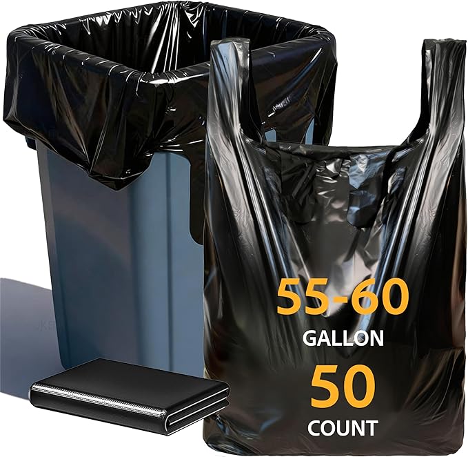 TREWAVE 50 Count 55-60 Gallon Trash Bags with Handles Heavy-Duty Thick Large Black Garbage Bags 50 Mic Jumbo Size Plastic T Shirt Bag for Outdoor Yard Construction Industrial and Commercial Use