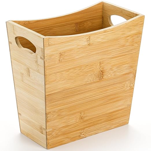 TOPZEA Bamboo Waste Basket Rectangular Narrow Trash Can with Handle Wastebasket Waste Bin Garbage Can for Bathroom Bedroom Office and Home 10.5 x 5.7 x 10.25