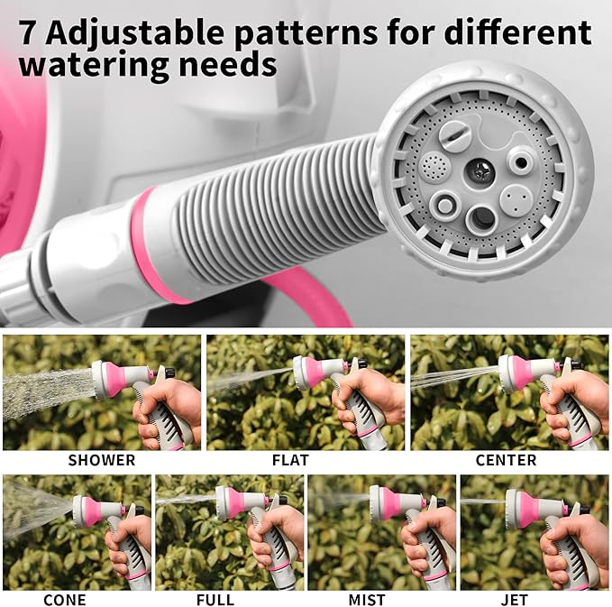 Garden Retractable Hose Reel Portable Simple Home Hose Reel 45+5 FT with 7 Patterns Spray Nozzle Wall Mounted and Any Length Lock for Garden Watering Car Washing Pet (Red Rose)