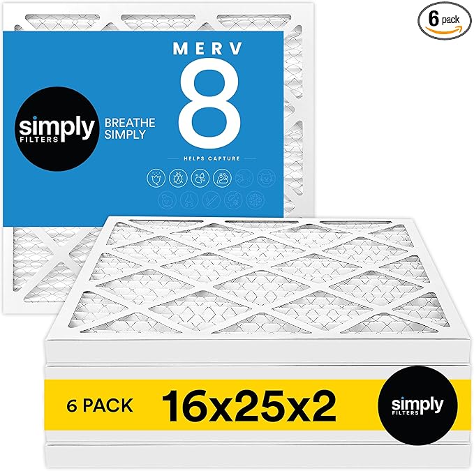 Simply 16x25x2 Air Filter MERV 8 6 Pack Furnace Air Filter for HVAC (Actual Size:15.5x24.5x1.75) DUST Pet &amp Allergy Control