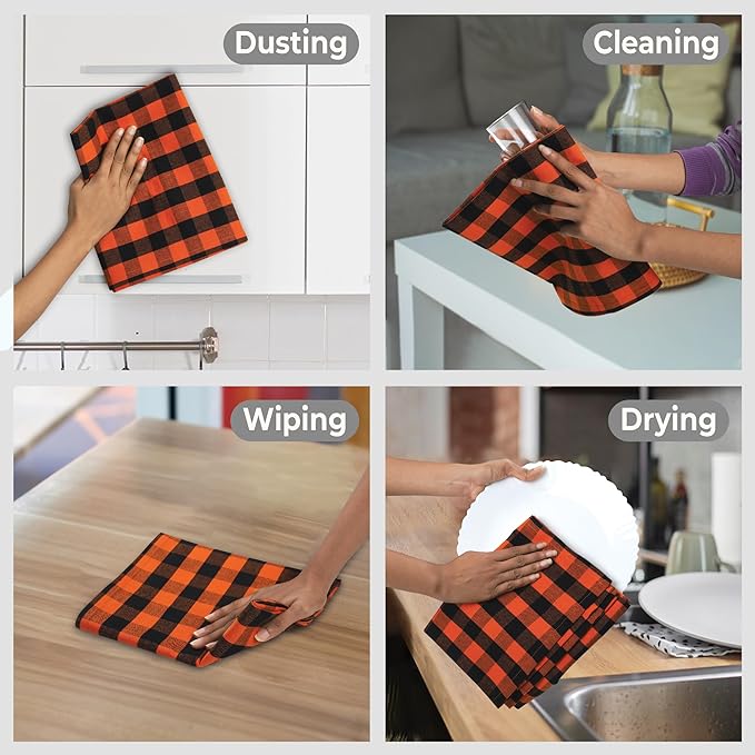 Urban Villa Halloween Kitchen Towels Set of 6 Dish Towels Size 20''x30'' Buffalo Checks Orange/Black 100% Cotton Highly Absorbent Quick Drying Dish Cloths &amp Dish Towels with Hanging Loop Tea Towel