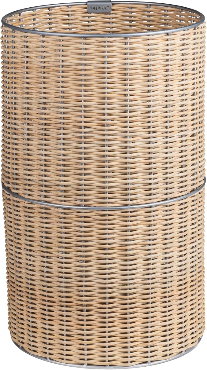 happimess HPM1100B Cecil Modern 4.13-Gallon Natural Wicker Cylinder Waste Basket Natural/Silver for Home Bathroom Living Room Office Bedroom Kitchen