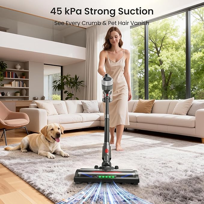 Xlife Cordless Vacuum Cleaner 45KPa 550W for Pet Hair &amp Multi-Surface Greenlight Reveal Dust 7-Stage HEPA Filter Long Runtime Anti-Tangle Roller Adjustable Stick Lightweight (P2)