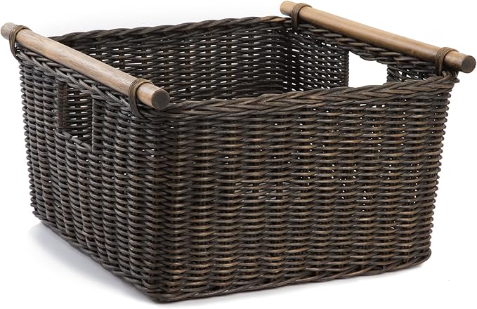 The Basket Lady Deep Pole Handle Wicker Storage Basket Small 11.5 in L x 11.5 in W x 8 in H Antique Walnut Brown